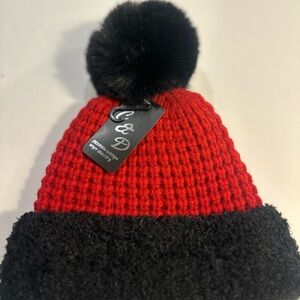 Women's Red and Black Pom-Pom Beanie with Fleece